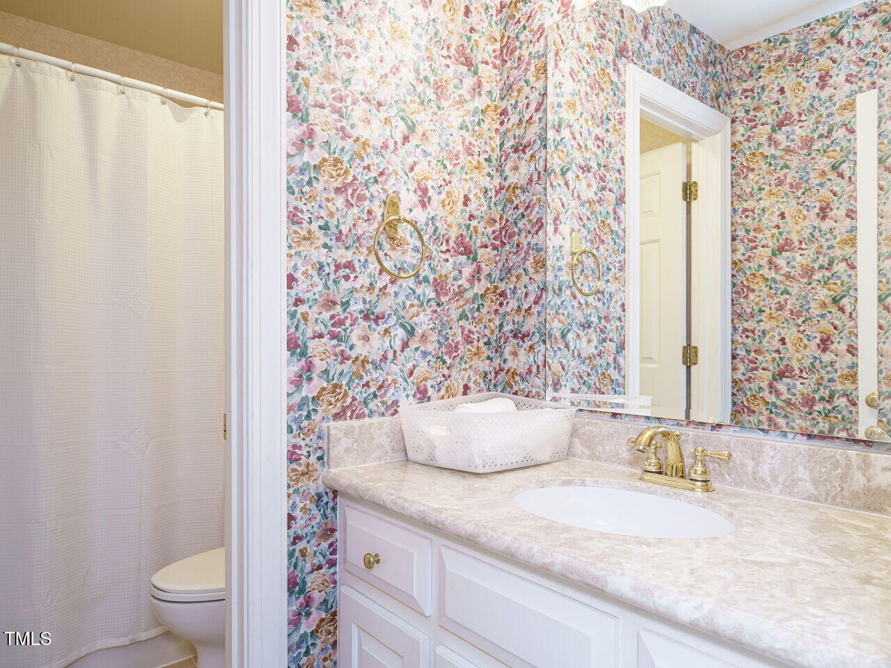 7201 Jonathan Drive Wendell, NC 27591 - Photo 28 of 43 a bathroom with a granite countertop sink a toilet and a shower curtain