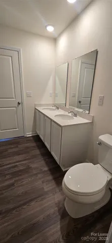 a bathroom with a toilet a sink and wooden floor