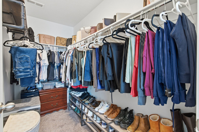 3808 Galatia Road Magna, UT 84044 - Photo 33 of 59 Walk-in closet featuring carpet flooring, built-in shelving, and clothes hanging rods