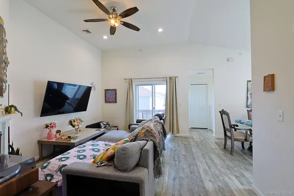 a view of a dining room with furniture