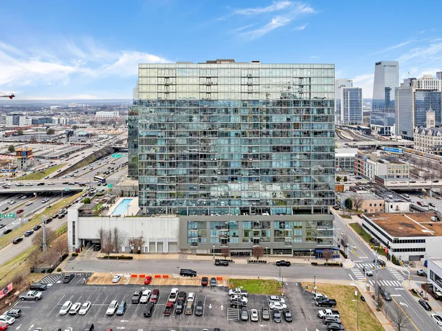 a city view with tall buildings