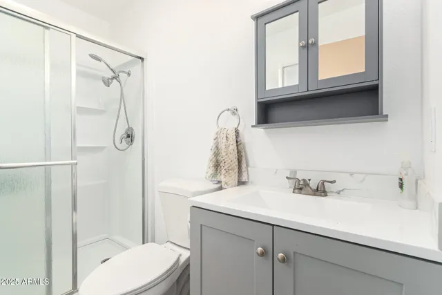 a bathroom with a sink a toilet and shower