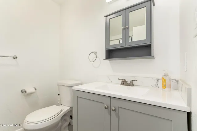 a bathroom with a sink a toilet and mirror