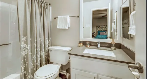 a bathroom with a toilet sink and mirror