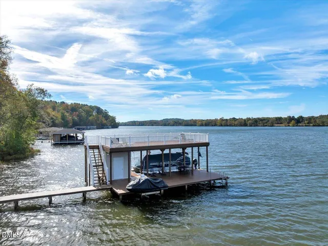 a view of a lake with a patio