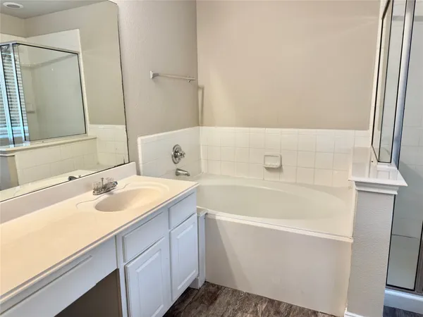 a bathroom with a tub sink and mirror