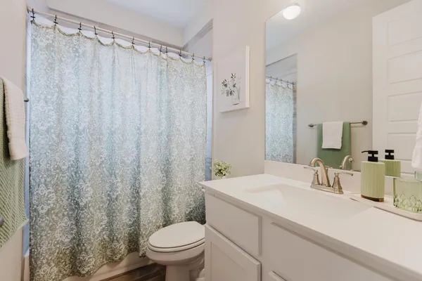 a bathroom with a sink a toilet and shower curtain