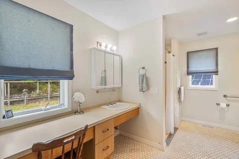 a bathroom with a sink a mirror and a shower