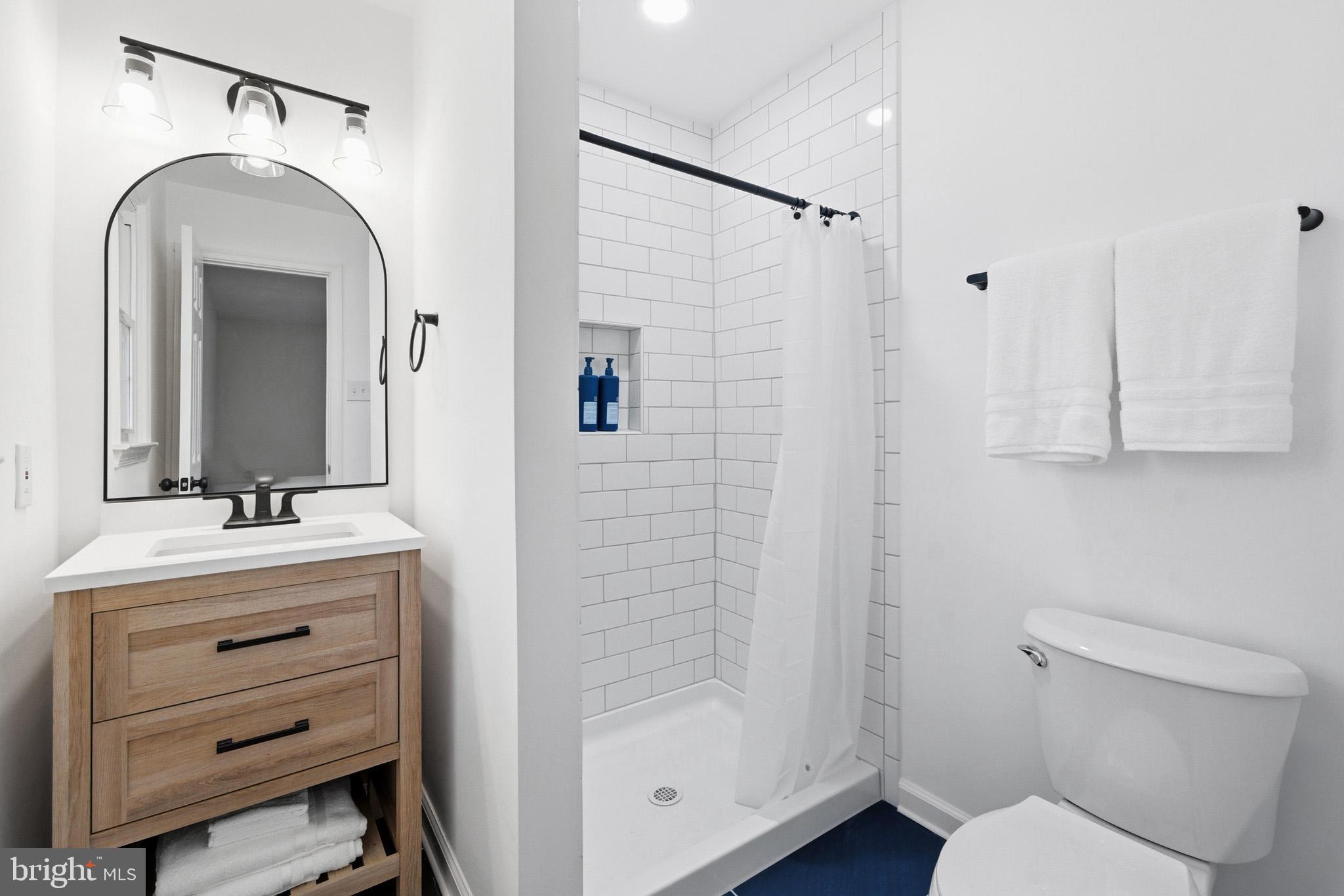 7219 Carrico Mill Road Hughesville, MD 20637 - Photo 24 of 41 a bathroom with a shower a sink and mirror
