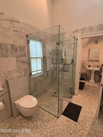a bathroom with a toilet and a shower