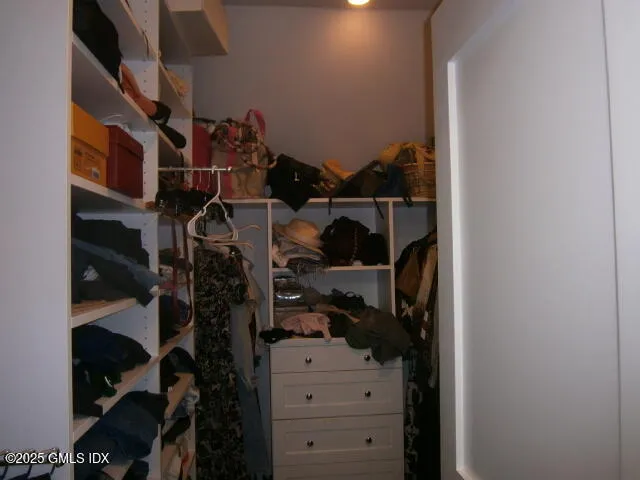 a view of walk in closet with clothes and shoes