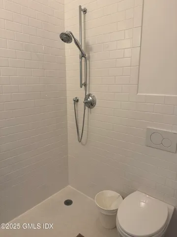 a bathroom with a toilet and a shower