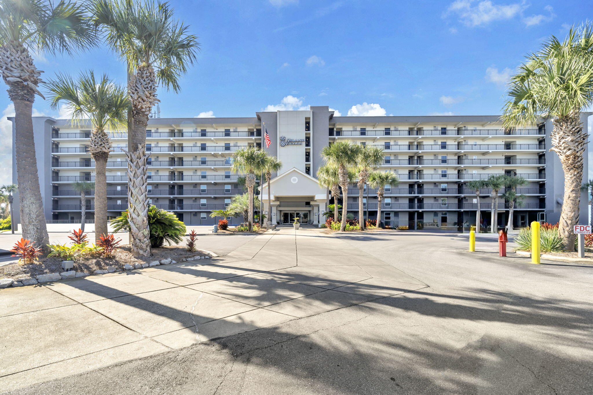 a view of a building with a patio