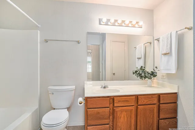 a bathroom with a sink a toilet and mirror