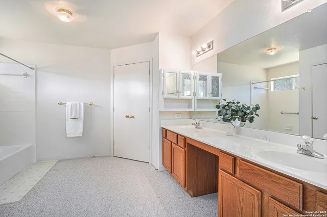 a bathroom with a double vanity sink shower and a mirror