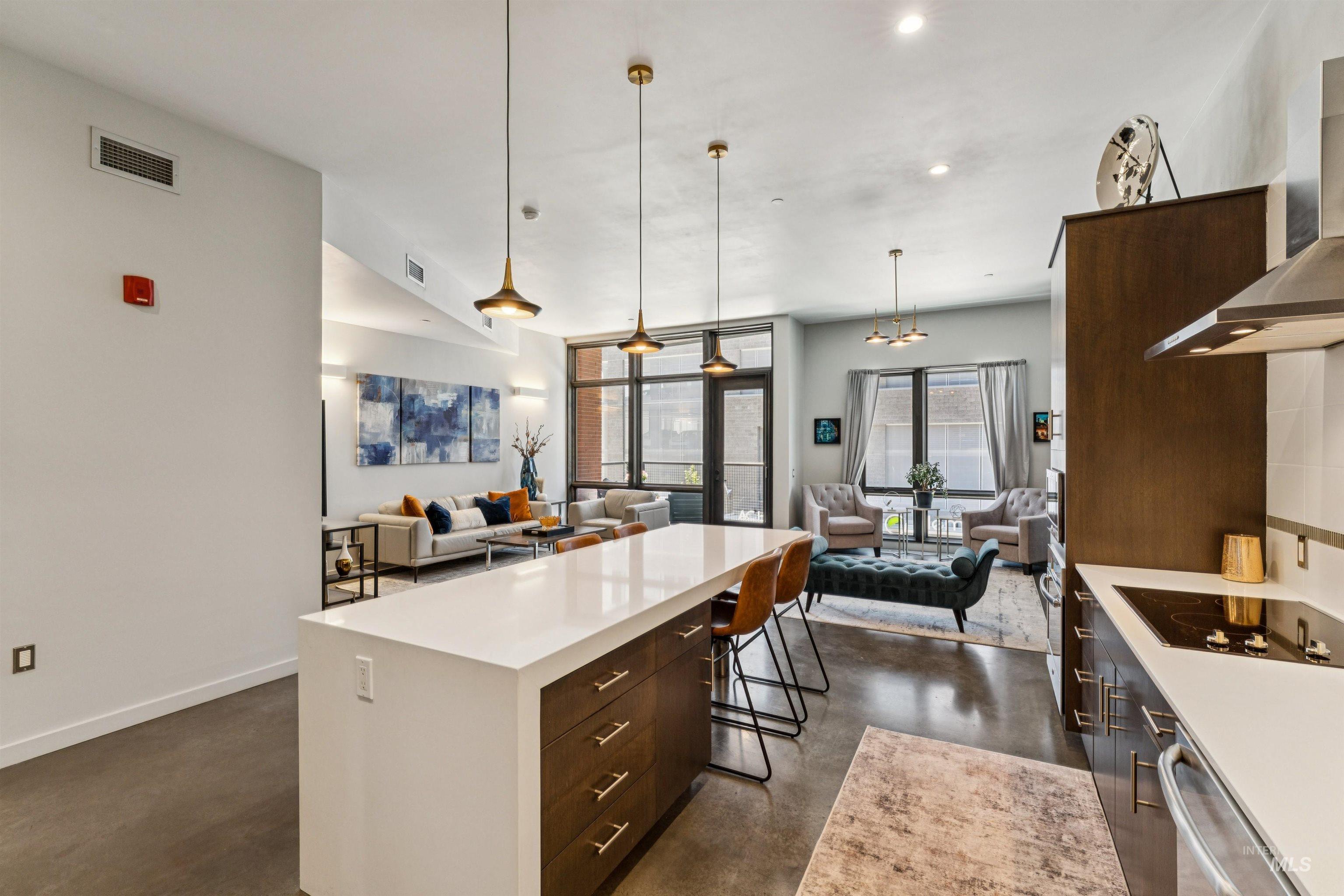 119 South 10th Street, Unit 307 Boise, ID 83702 - Photo 15 of 47 Modern open-concept living space featuring a spacious kitchen island with seating, dark wood-finish cabinetry, stainless steel appliances, and large windows