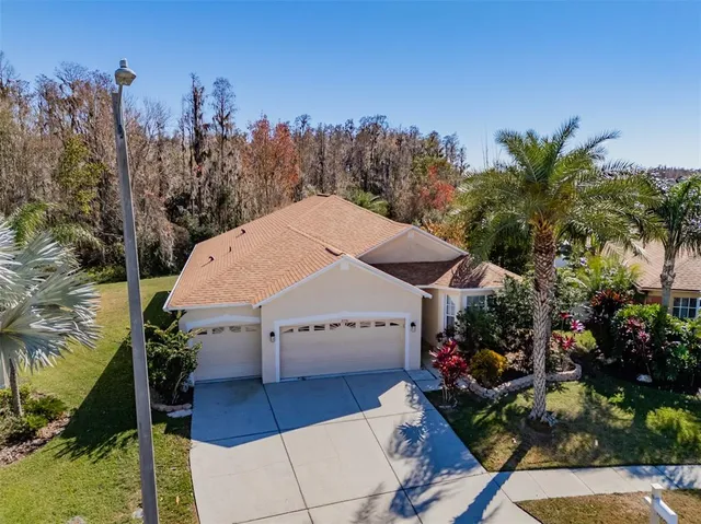a view of a house with a yard and potted plants
