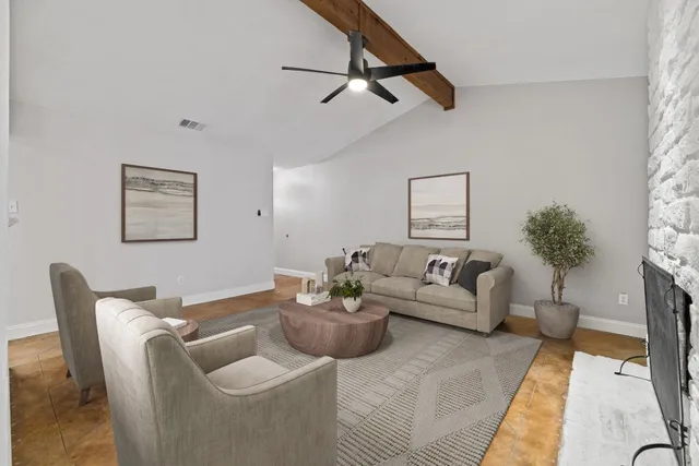 a living room with furniture and a potted plant