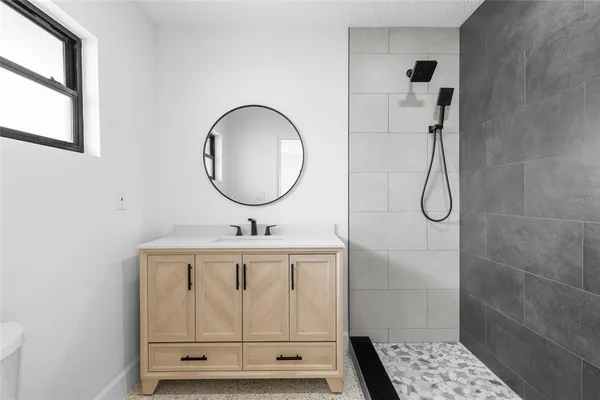 a bathroom with a sink a toilet and a mirror