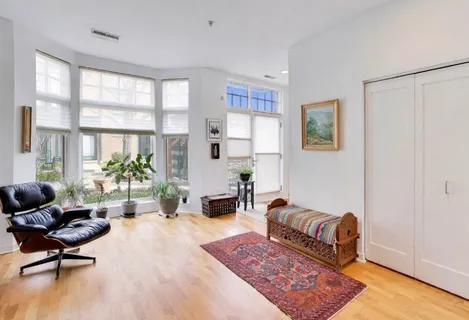 a living room with furniture rug and window