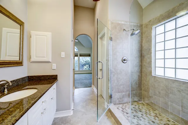 a bathroom with a granite countertop sink a shower and a mirror