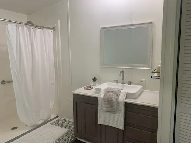 a bathroom with a sink a mirror and a shower