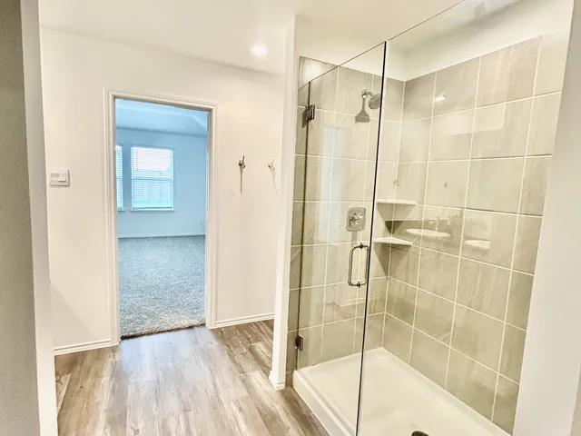 a bathroom with a shower and a sink