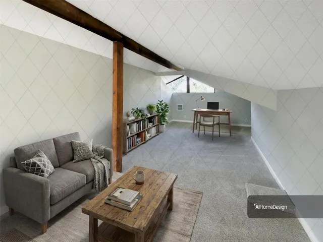 a living room with furniture and a potted plant