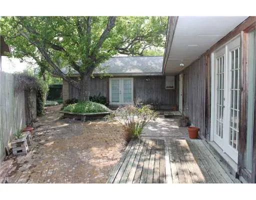 a view of a backyard with potted plants and large tree