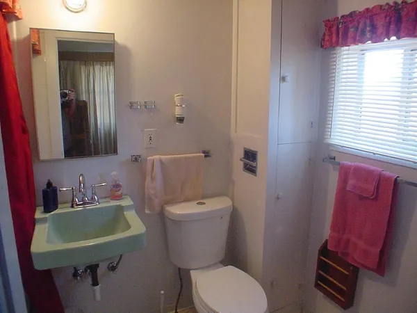 a bathroom with a toilet a sink and mirror