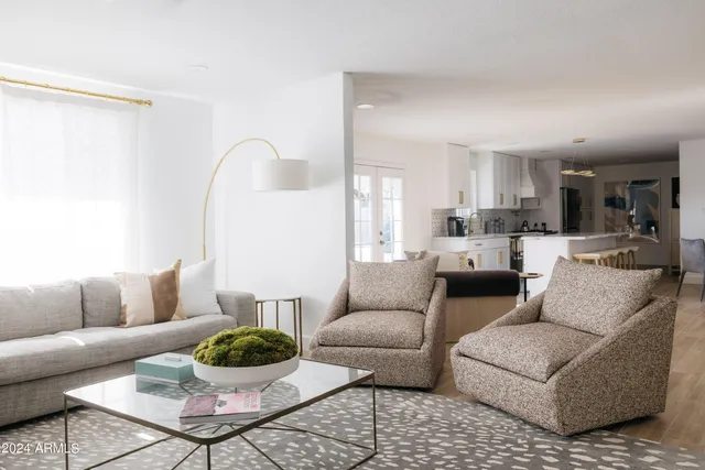 a living room with furniture and a potted plant