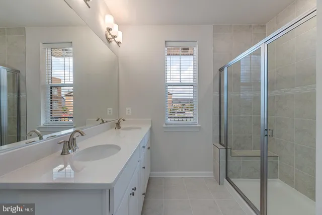 a bathroom with a sink a shower and a mirror