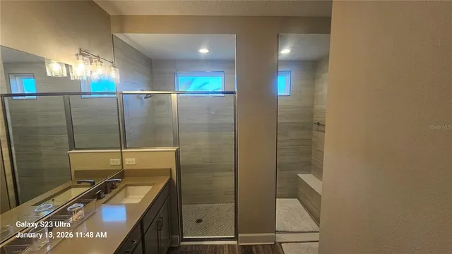a bathroom with a mirror