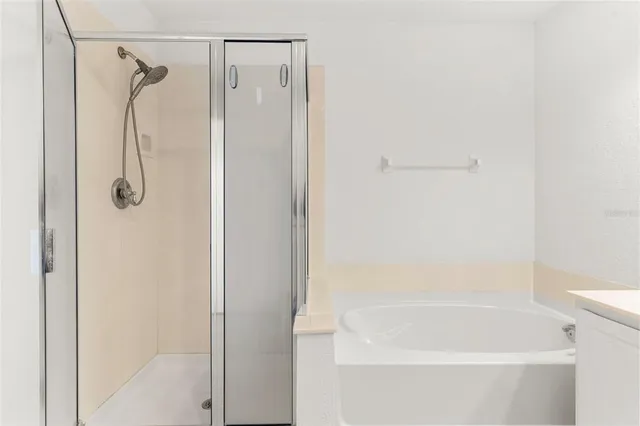 a bathroom with a shower and a bath tub