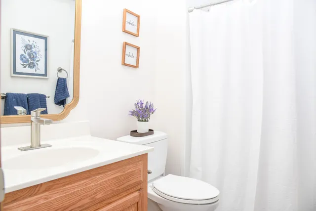 a bathroom with a sink a toilet and mirror