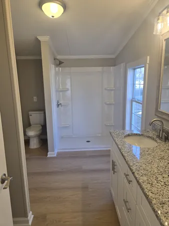 a bathroom with a granite countertop sink toilet and shower
