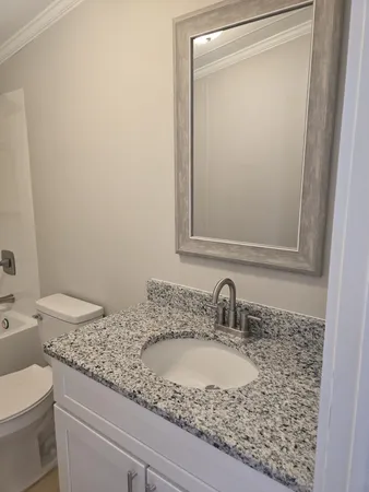 a bathroom with a granite countertop sink and a mirror