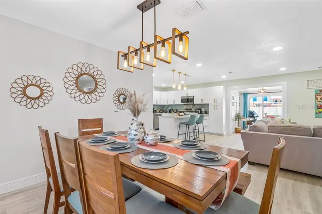 a view of a dining room with furniture
