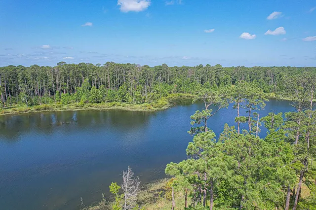 a view of a lake with a city