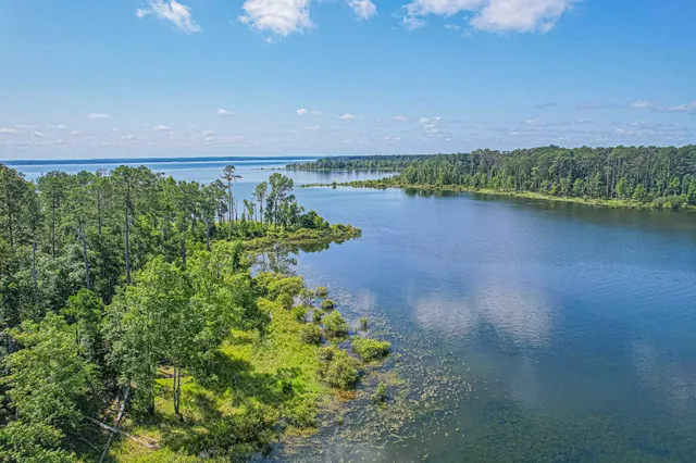 a view of a lake with a city