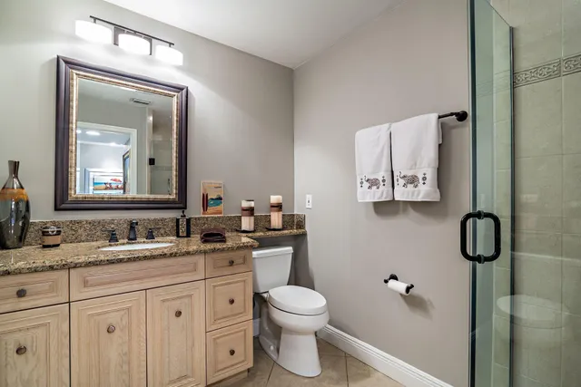 a bathroom with a granite countertop toilet sink and mirror
