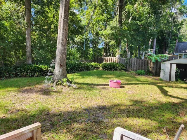 a view of a backyard with a small cabin