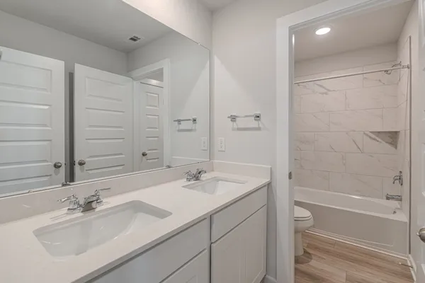 a bathroom with a bathtub shower sink vanity and a mirror
