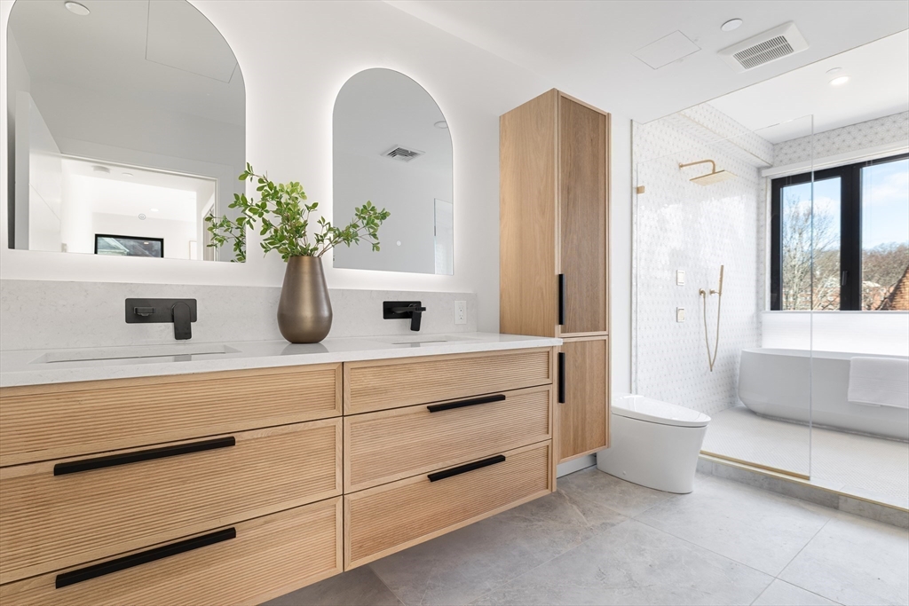 41 University Road, Unit 3 Brookline, MA 02445 - Photo 10 of 21 a bathroom with a sink a large mirror and a potted plant