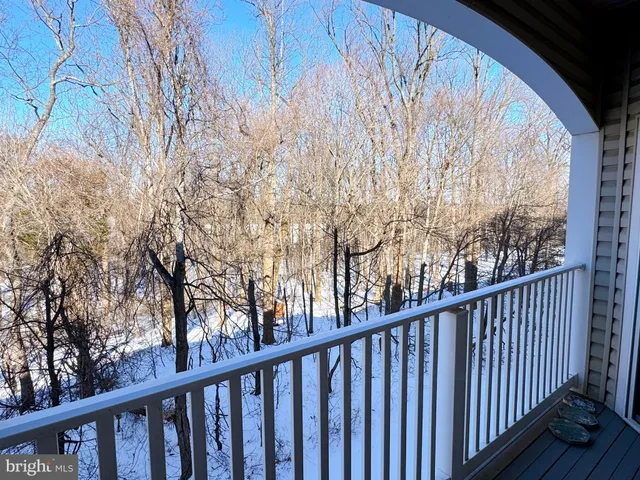 a view of a balcony with wooden floor