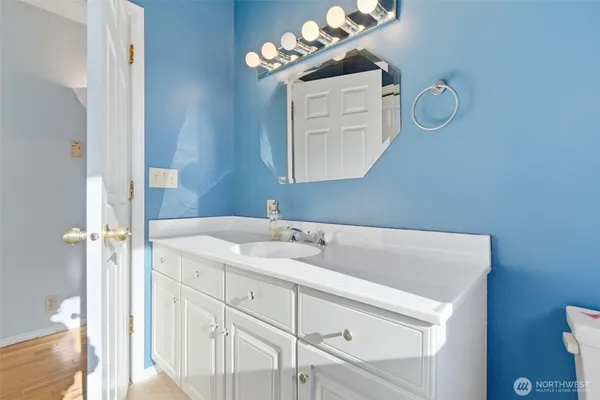 a bathroom with a sink vanity and a mirror