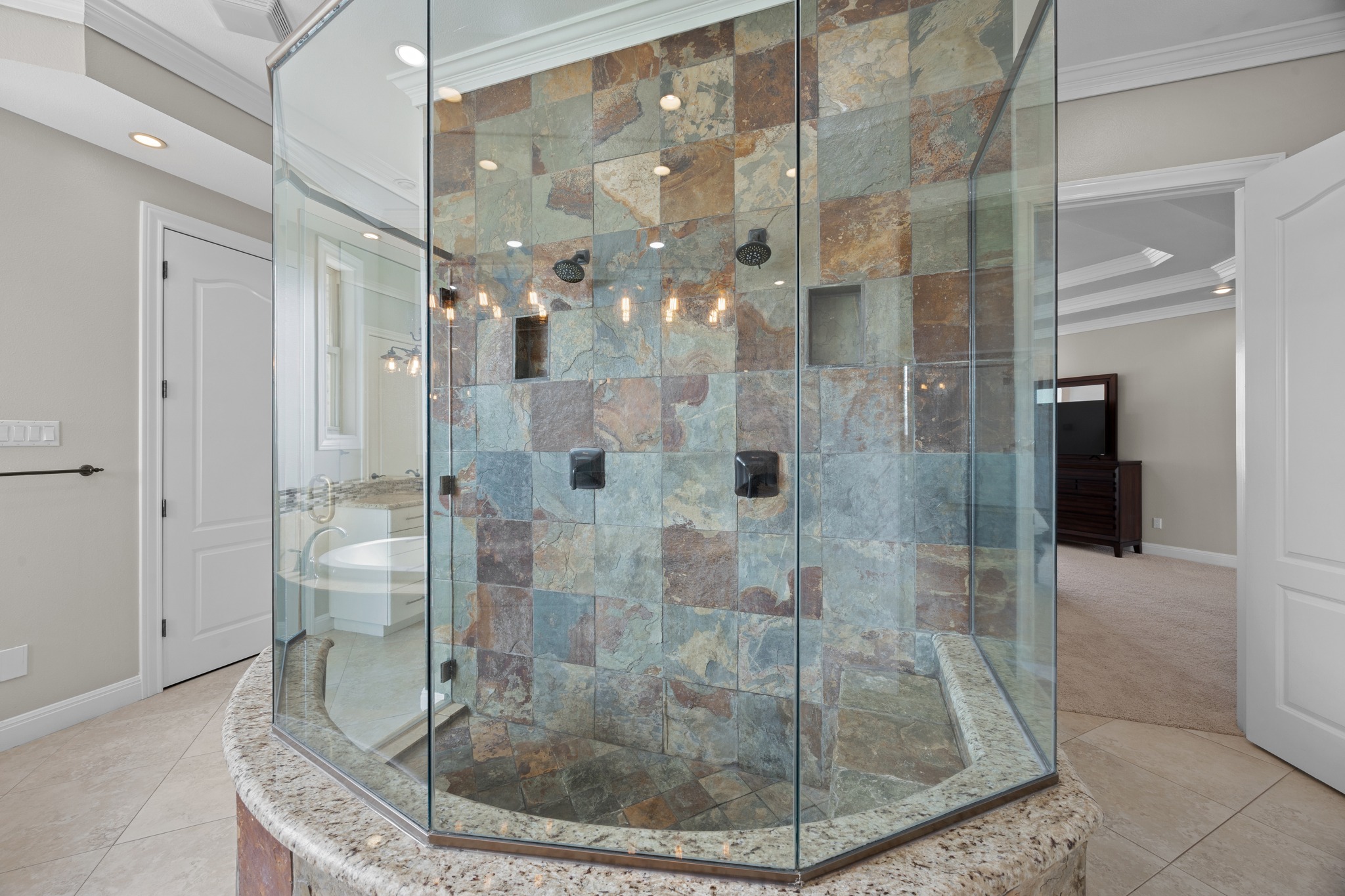 341 Courtnee's Way Georgetown, TX 78626 - Photo 20 of 40 A huge slate shower with dual shower heads.