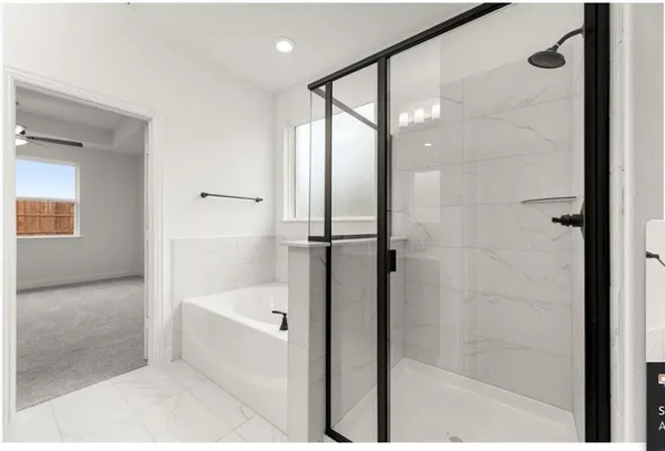 a bathroom with a bathtub and a shower
