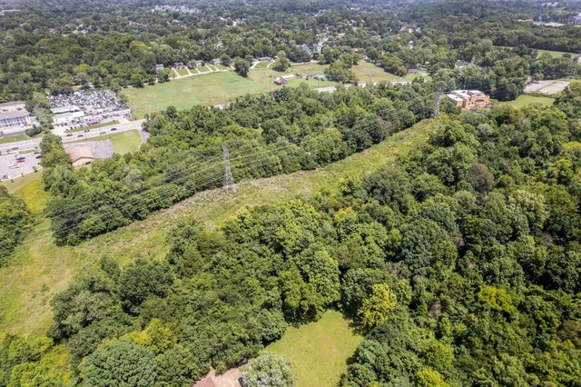 an aerial view of residential houses with outdoor space and trees