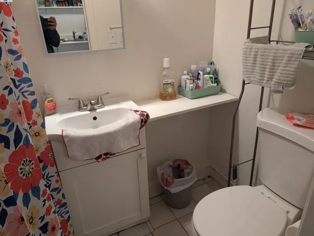 a bathroom with a sink a toilet and a mirror